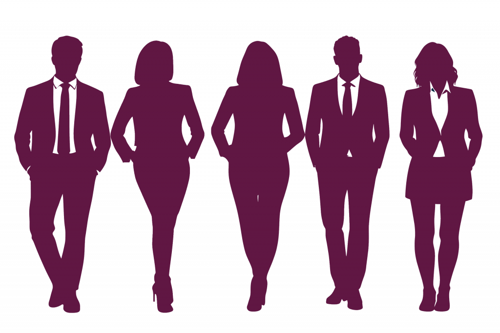 Silhouettes of 5 diverse leaders in business attire