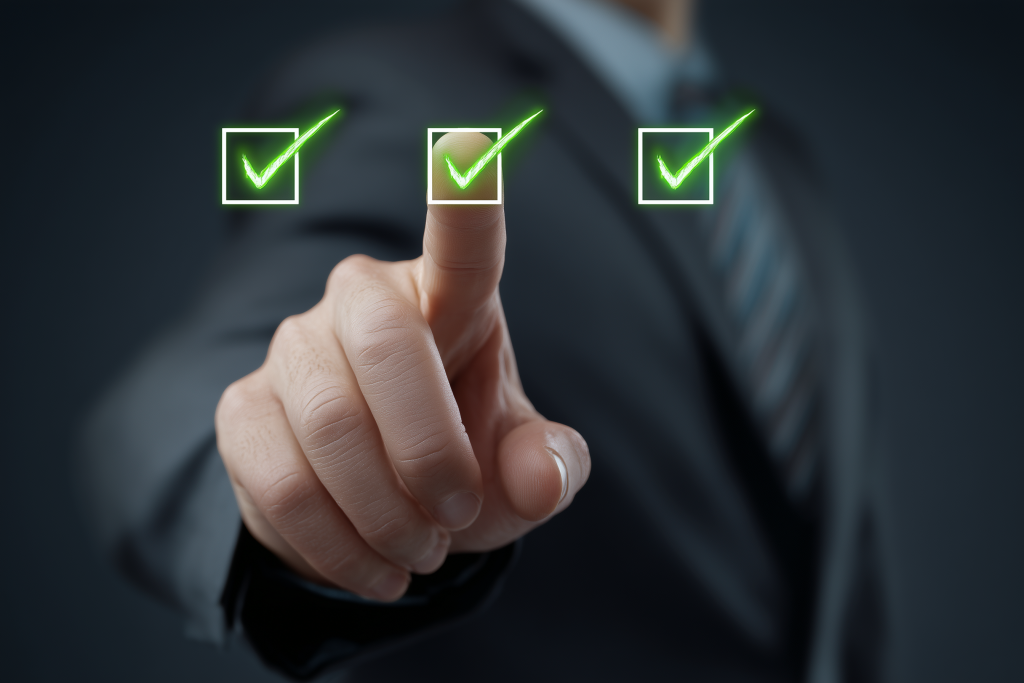 businessman pointing at 3 green ticks